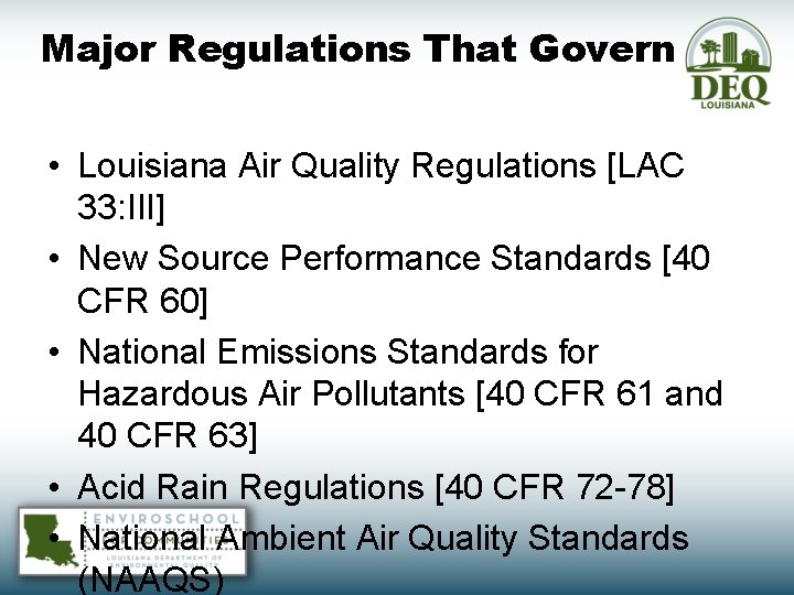 Major Regulations That Govern • Louisiana Air Quality Regulations [LAC 33: III] • New