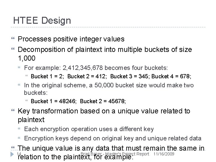 HTEE Design Processes positive integer values Decomposition of plaintext into multiple buckets of size