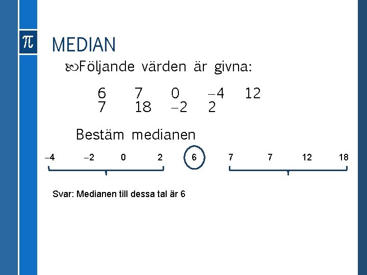 MEDIAN Följande värden är givna: 6 7 7 18 0 2 12 4 2