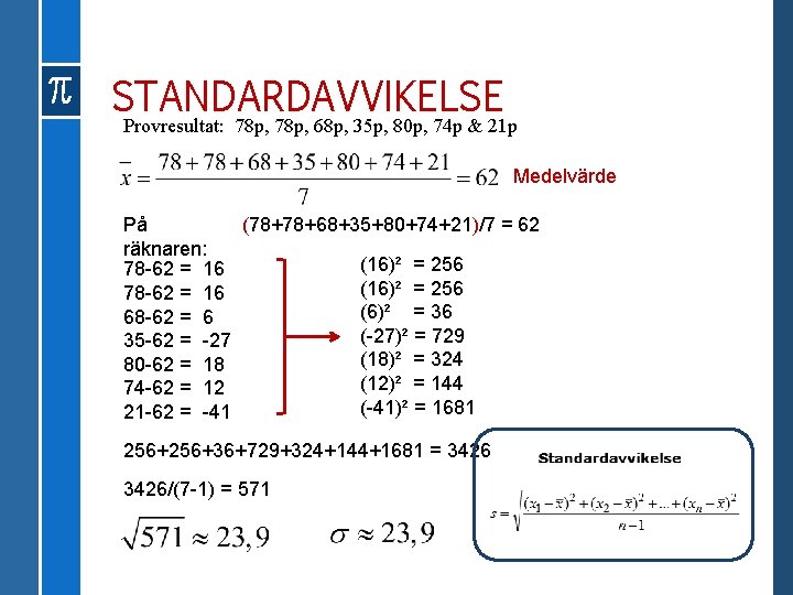 STANDARDAVVIKELSE Provresultat: 78 p, 68 p, 35 p, 80 p, 74 p & 21