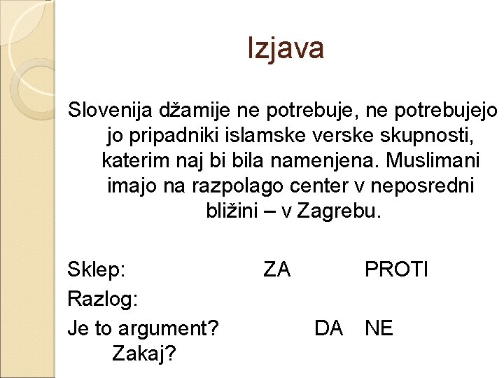 Izjava Slovenija džamije ne potrebuje, ne potrebujejo jo pripadniki islamske verske skupnosti, katerim naj