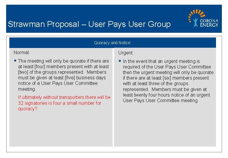 Strawman Proposal – User Pays User Group Quoracy and Notice: Normal: Urgent: § The