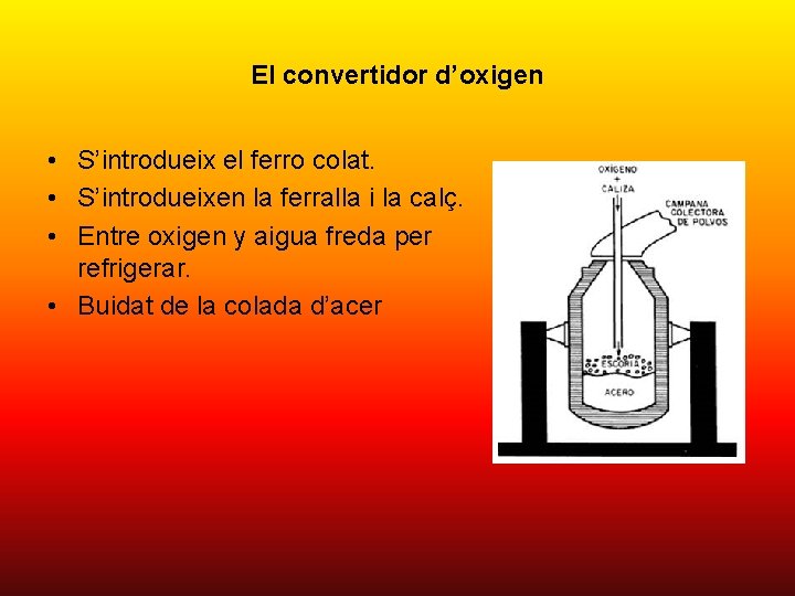 El convertidor d’oxigen • S’introdueix el ferro colat. • S’introdueixen la ferralla i la