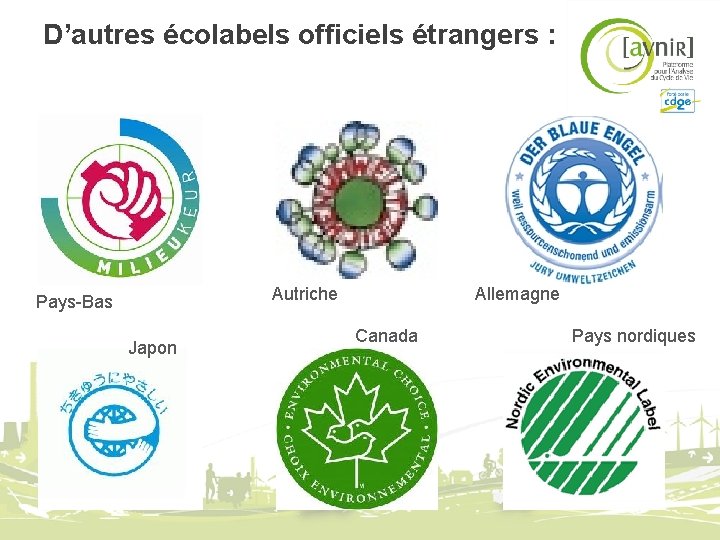 D’autres écolabels officiels étrangers : Autriche Pays-Bas Japon Allemagne Canada Pays nordiques D’autres écolabels officiels étrangers : Autriche Pays-Bas Japon Allemagne Canada Pays nordiques