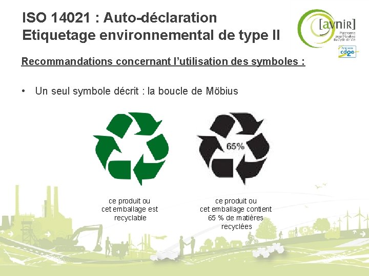 ISO 14021 : Auto-déclaration Etiquetage environnemental de type II Recommandations concernant l’utilisation des symboles ISO 14021 : Auto-déclaration Etiquetage environnemental de type II Recommandations concernant l’utilisation des symboles