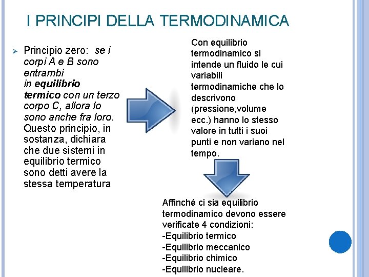 I PRINCIPI DELLA TERMODINAMICA Ø Principio zero: se i corpi A e B sono