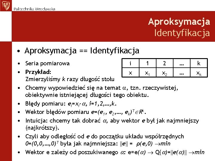 Aproksymacja Identyfikacja • Aproksymacja == Identyfikacja i 1 2 … k • Seria pomiarowa