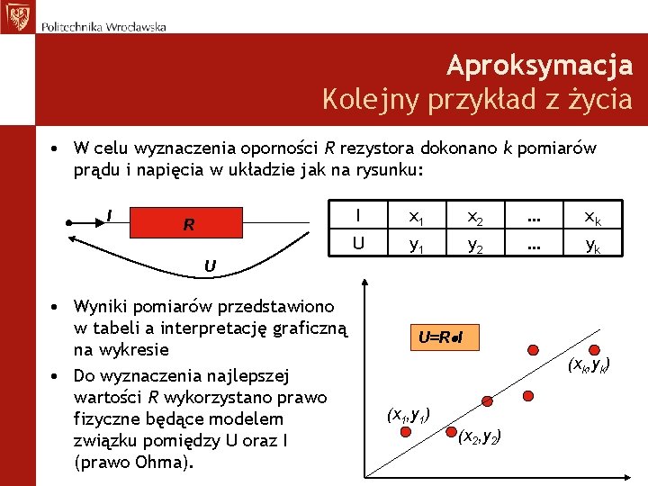 Aproksymacja Kolejny przykład z życia • W celu wyznaczenia oporności R rezystora dokonano k