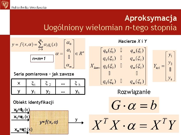 Aproksymacja Uogólniony wielomian n-tego stopnia Macierze X i Y n=m+1 Seria pomiarowa – jak