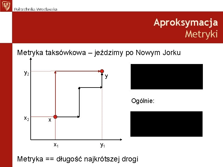 Aproksymacja Metryki Metryka taksówkowa – jeździmy po Nowym Jorku y 2 y Ogólnie: x