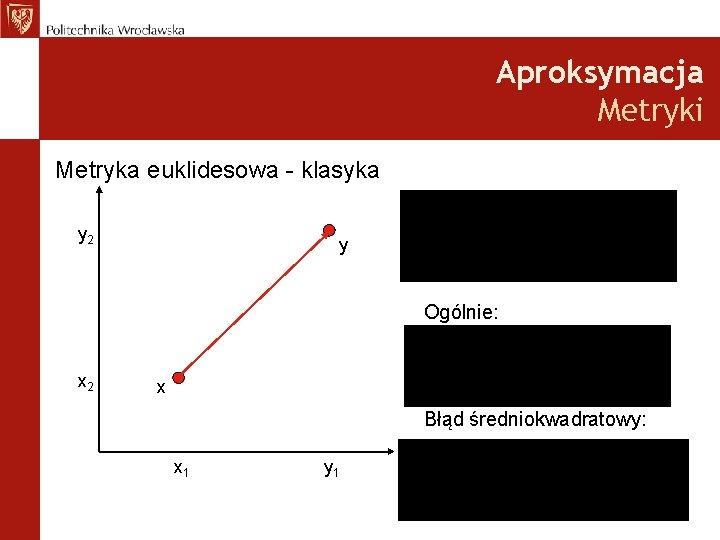 Aproksymacja Metryki Metryka euklidesowa - klasyka y 2 y Ogólnie: x 2 x Błąd