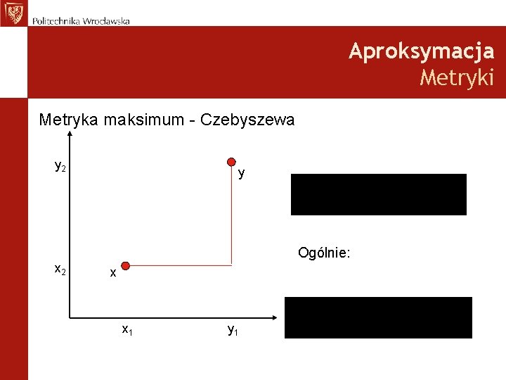 Aproksymacja Metryki Metryka maksimum - Czebyszewa y 2 y Ogólnie: x 2 x x