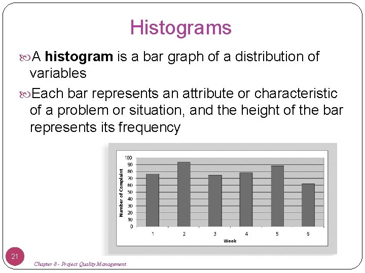 Histograms A histogram is a bar graph of a distribution of variables Each bar