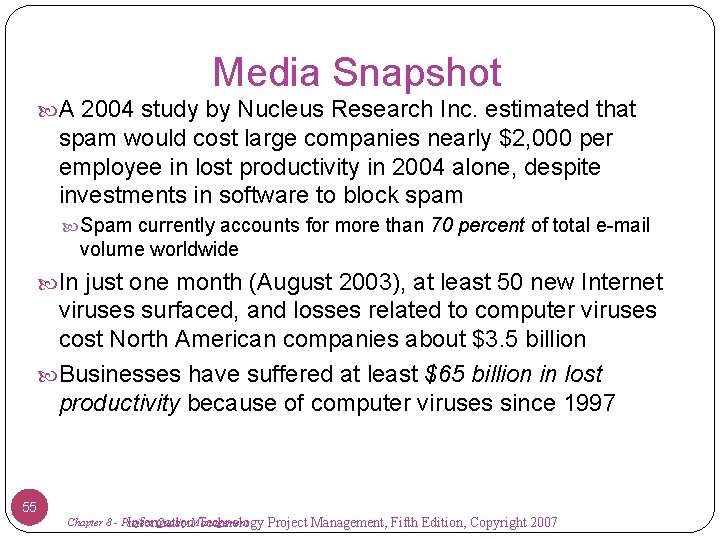 Media Snapshot A 2004 study by Nucleus Research Inc. estimated that spam would cost
