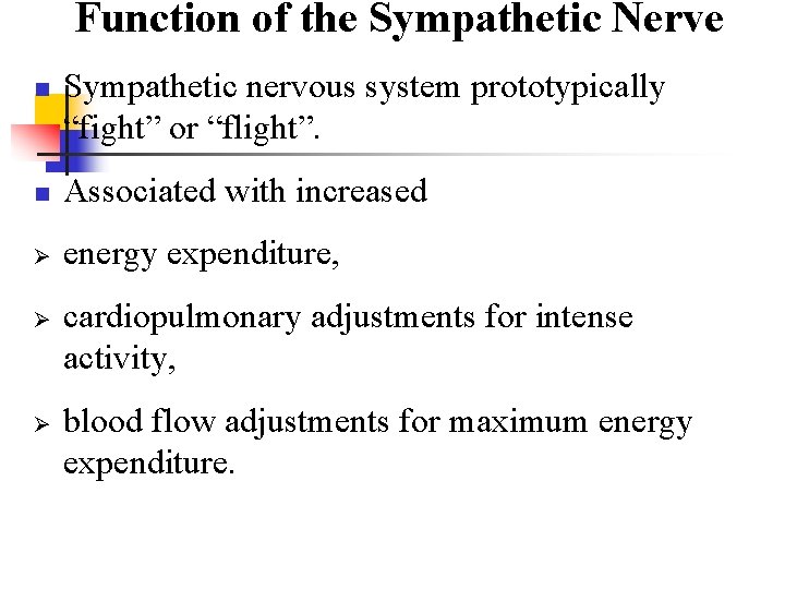 Function of the Sympathetic Nerve n Sympathetic nervous system prototypically “fight” or “flight”. n