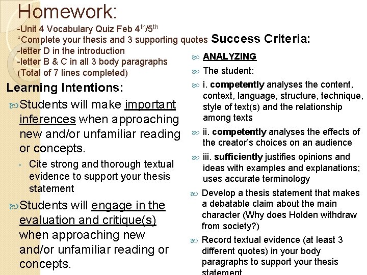 Homework: Unit 4 Vocabulary Quiz Feb 4 th/5 th *Complete your thesis and 3