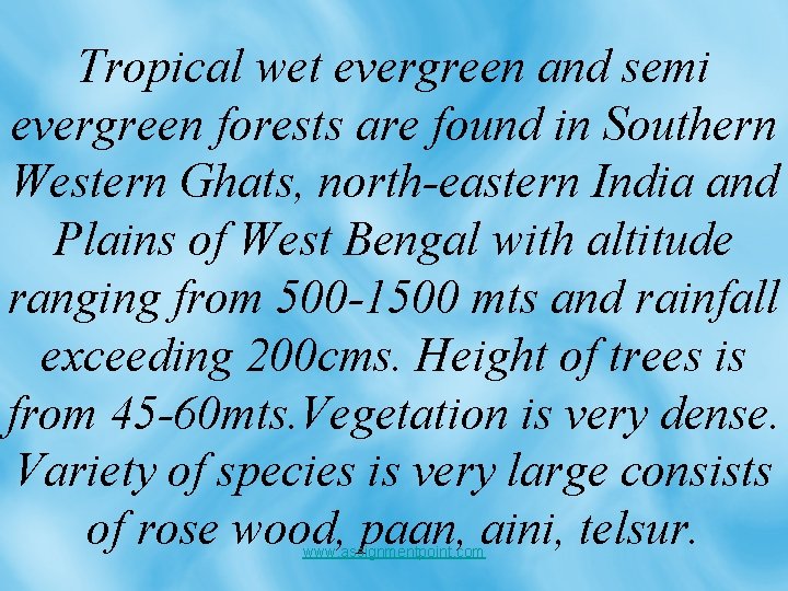 Tropical wet evergreen and semi evergreen forests are found in Southern Western Ghats, north-eastern