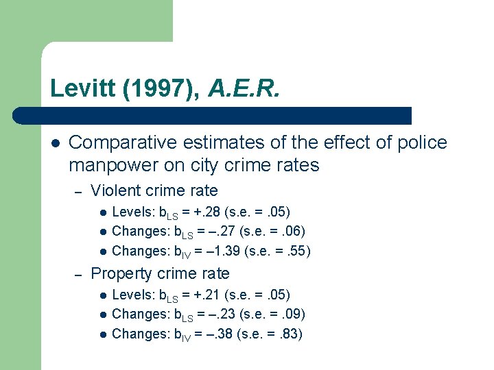 Levitt (1997), A. E. R. l Comparative estimates of the effect of police manpower Levitt (1997), A. E. R. l Comparative estimates of the effect of police manpower