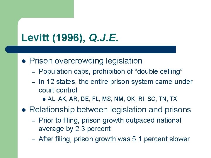 Levitt (1996), Q. J. E. l Prison overcrowding legislation – – Population caps, prohibition Levitt (1996), Q. J. E. l Prison overcrowding legislation – – Population caps, prohibition