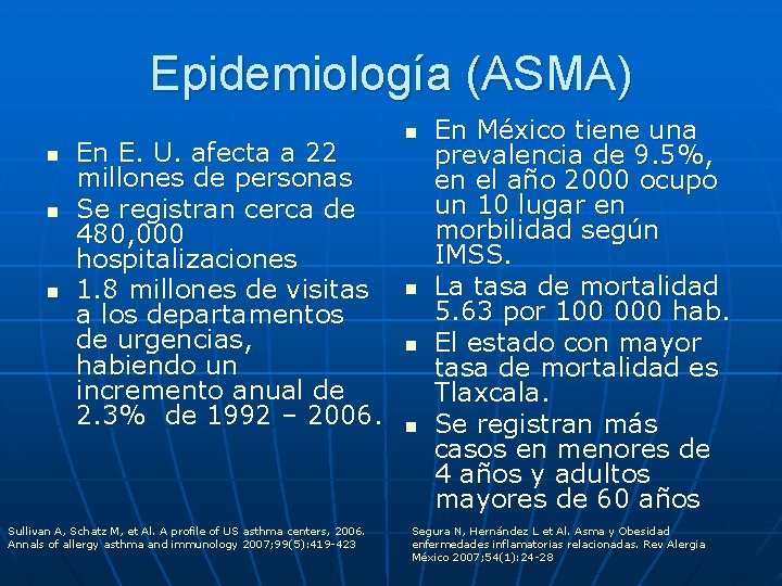 Epidemiología (ASMA) n n n En E. U. afecta a 22 millones de personas