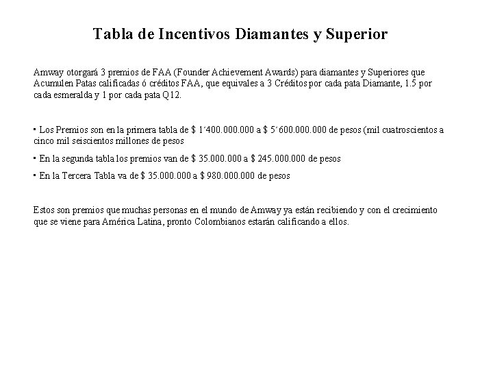 Tabla de Incentivos Diamantes y Superior Amway otorgará 3 premios de FAA (Founder Achievement