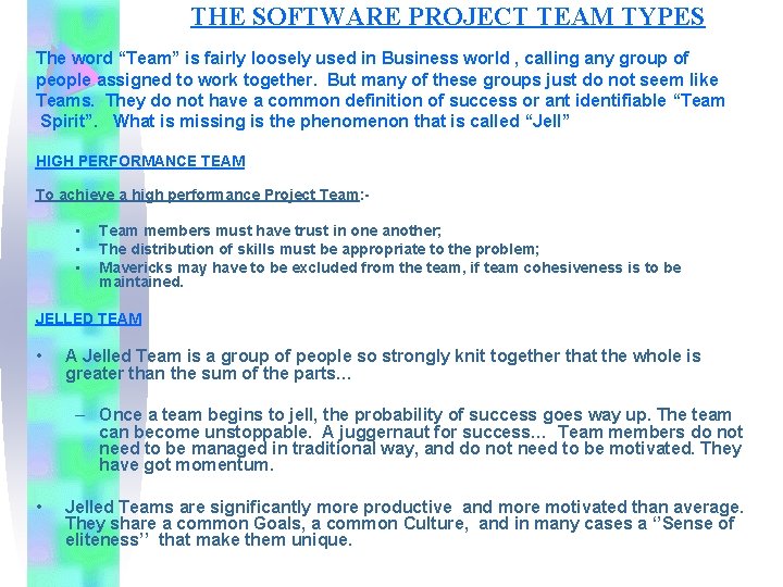 THE SOFTWARE PROJECT TEAM TYPES The word “Team” is fairly loosely used in Business