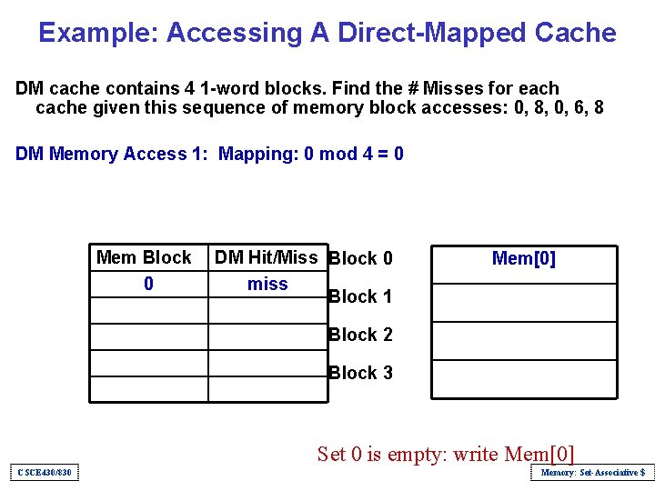 Example: Accessing A Direct-Mapped Cache DM cache contains 4 1 -word blocks. Find the