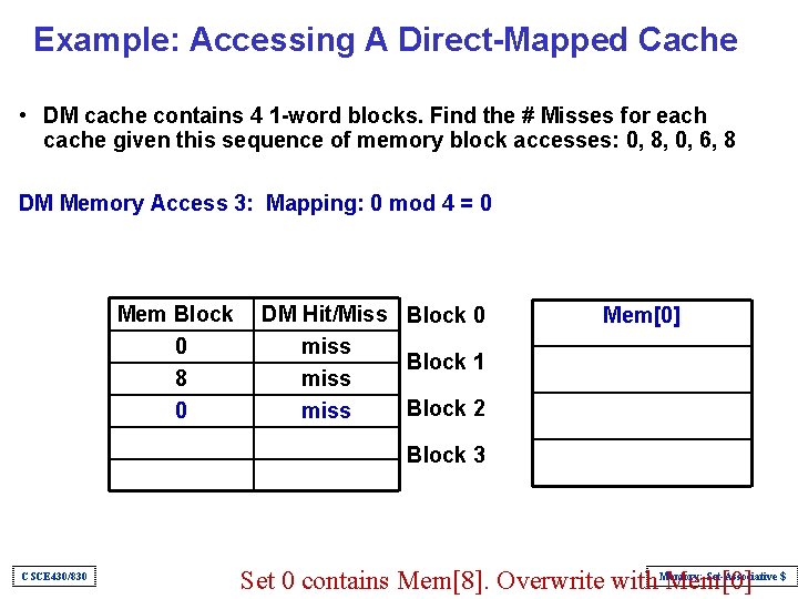 Example: Accessing A Direct-Mapped Cache • DM cache contains 4 1 -word blocks. Find