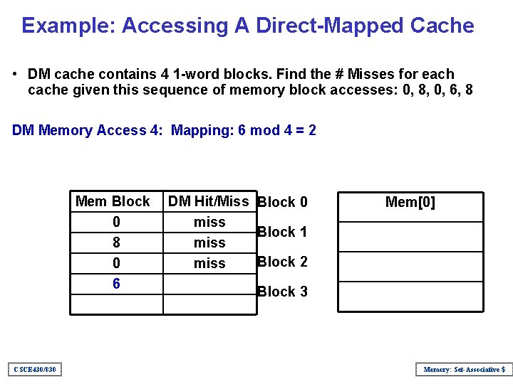 Example: Accessing A Direct-Mapped Cache • DM cache contains 4 1 -word blocks. Find