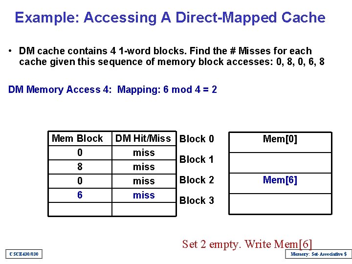 Example: Accessing A Direct-Mapped Cache • DM cache contains 4 1 -word blocks. Find