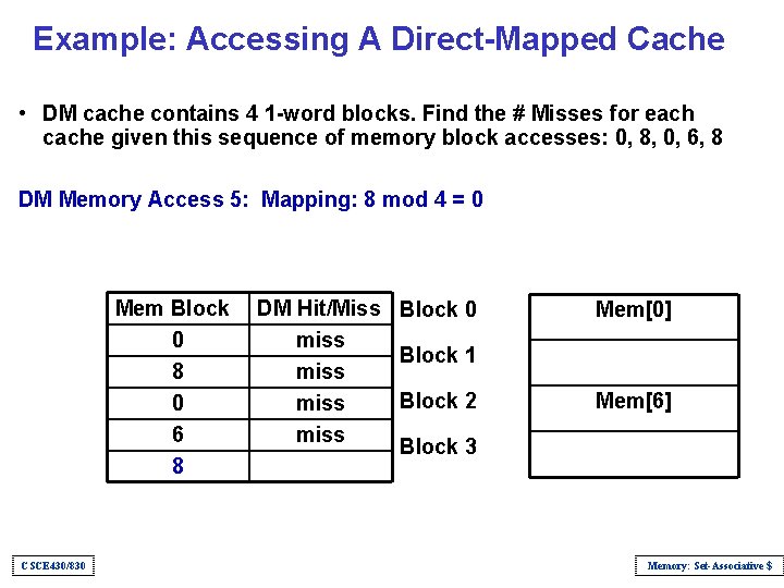 Example: Accessing A Direct-Mapped Cache • DM cache contains 4 1 -word blocks. Find