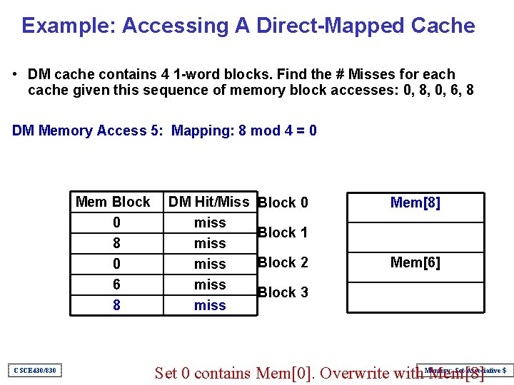 Example: Accessing A Direct-Mapped Cache • DM cache contains 4 1 -word blocks. Find