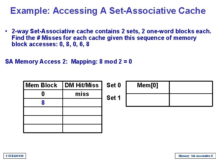 Example: Accessing A Set-Associative Cache • 2 -way Set-Associative cache contains 2 sets, 2