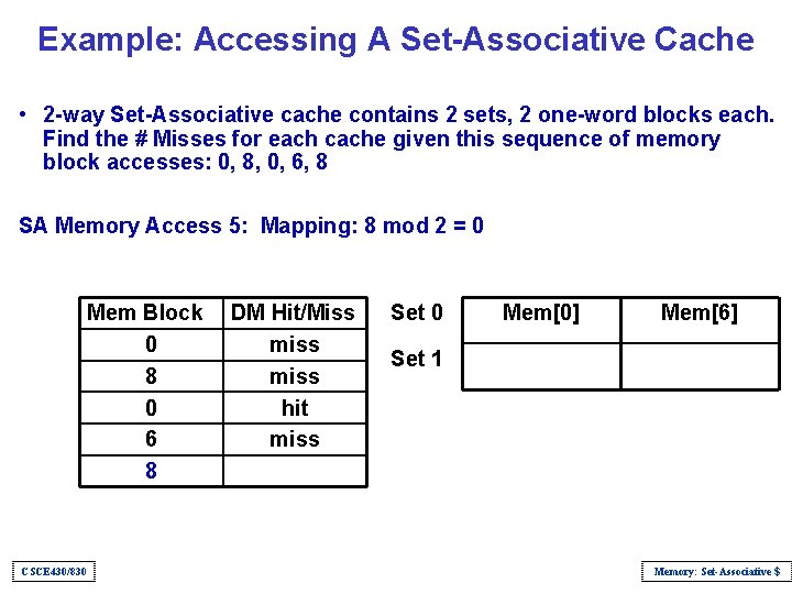 Example: Accessing A Set-Associative Cache • 2 -way Set-Associative cache contains 2 sets, 2