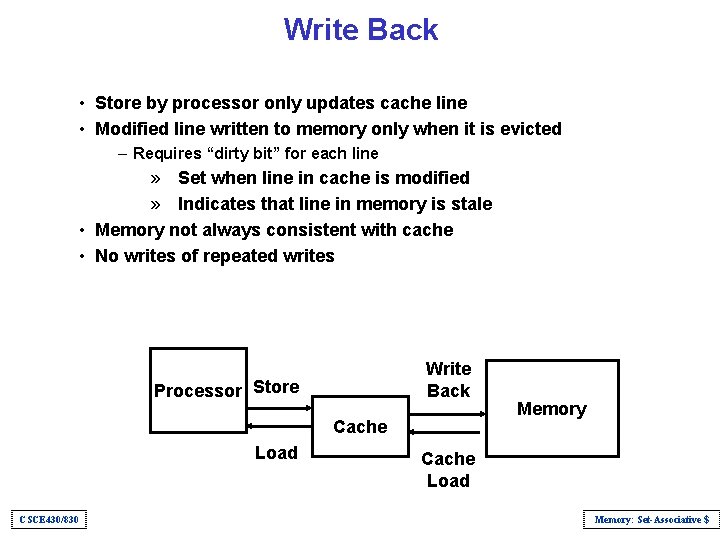 Write Back • Store by processor only updates cache line • Modified line written