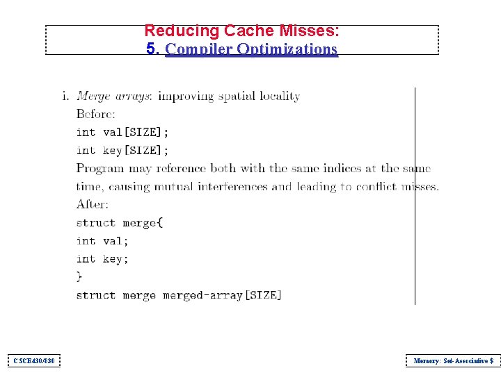 Reducing Cache Misses: 5. Compiler Optimizations CSCE 430/830 Memory: Set-Associative $ 