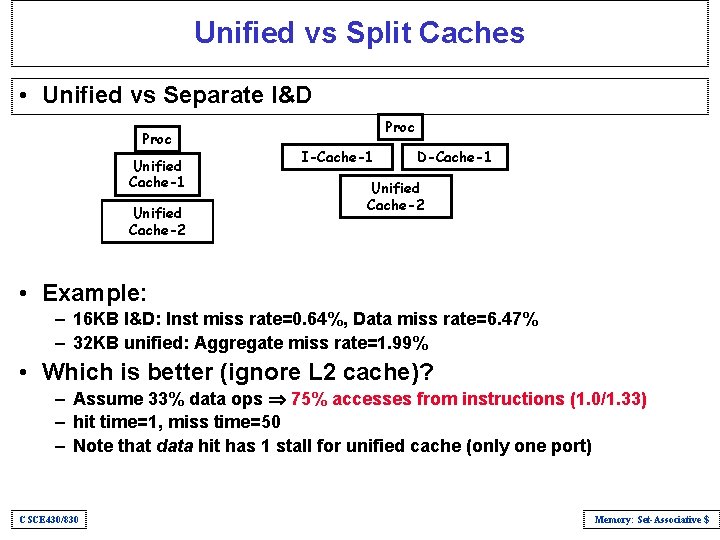 Unified vs Split Caches • Unified vs Separate I&D Proc Unified Cache-1 Unified Cache-2