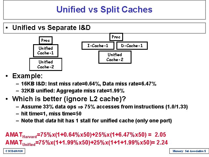 Unified vs Split Caches • Unified vs Separate I&D Proc Unified Cache-1 Unified Cache-2