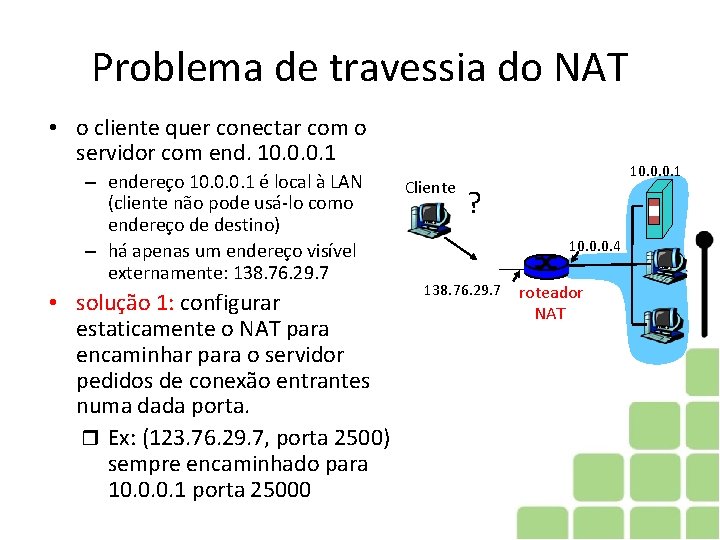 Problema de travessia do NAT • o cliente quer conectar com o servidor com