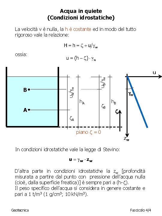 Acqua in quiete (Condizioni idrostatiche) La velocità v è nulla, la h è costante