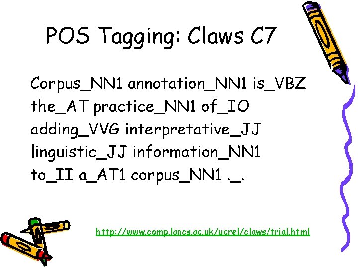 POS Tagging: Claws C 7 Corpus_NN 1 annotation_NN 1 is_VBZ the_AT practice_NN 1 of_IO