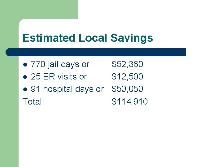 Estimated Local Savings 770 jail days or l 25 ER visits or l 91