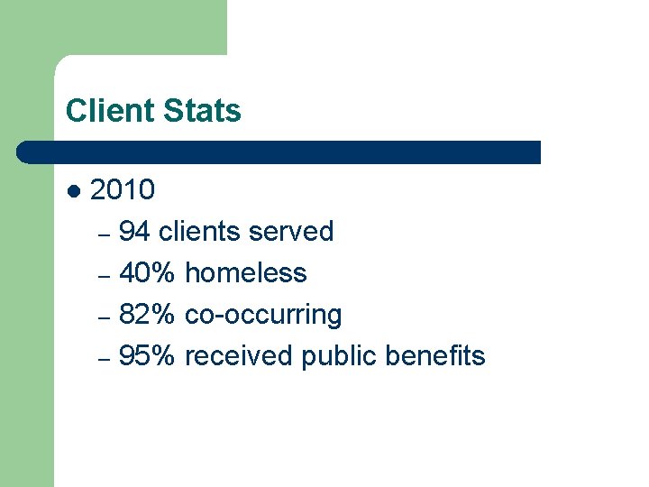 Client Stats l 2010 – 94 clients served – 40% homeless – 82% co-occurring