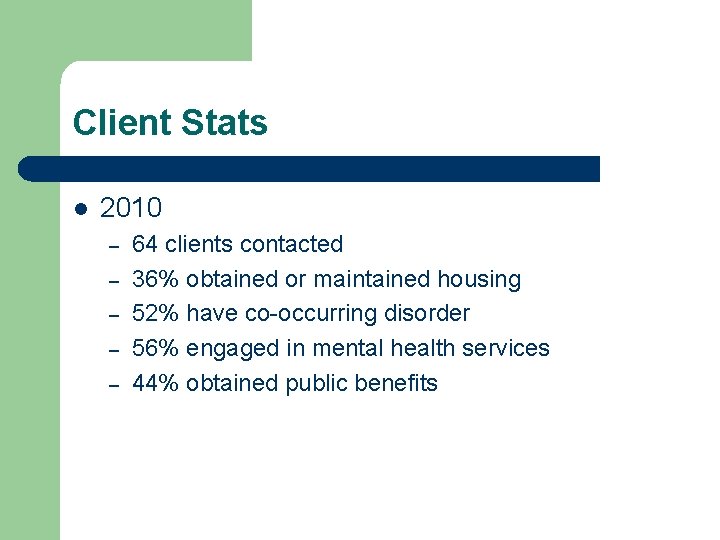 Client Stats l 2010 – – – 64 clients contacted 36% obtained or maintained