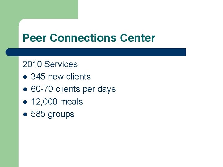 Peer Connections Center 2010 Services l 345 new clients l 60 -70 clients per