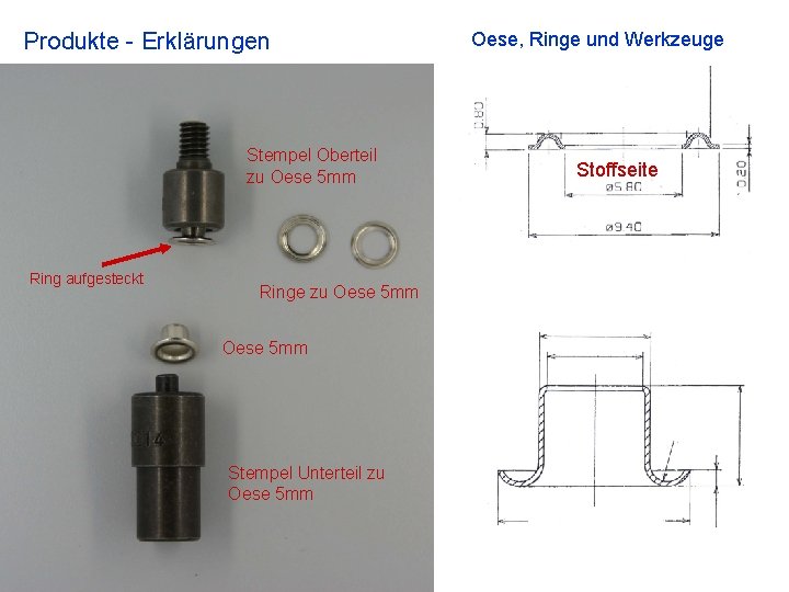 Produkte - Erklärungen Stempel Oberteil zu Oese 5 mm Ring aufgesteckt Ringe zu Oese
