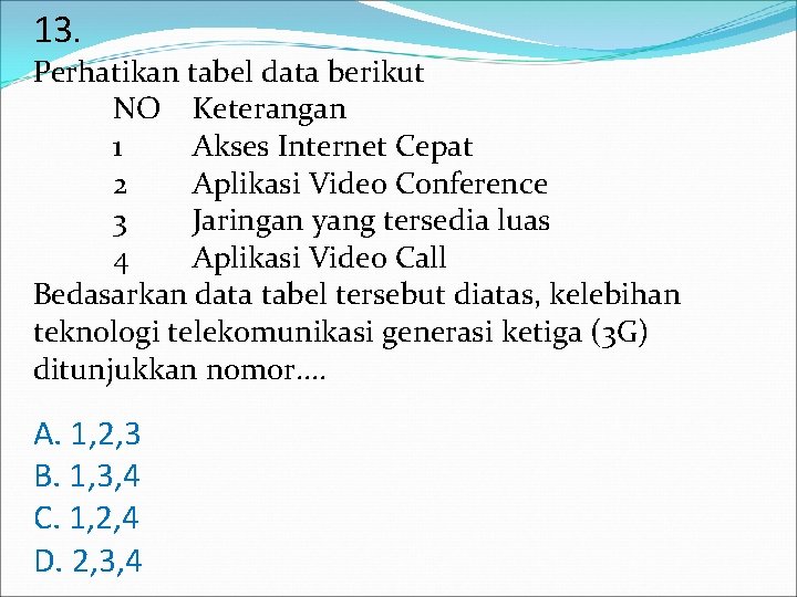13. Perhatikan tabel data berikut NO Keterangan 1 Akses Internet Cepat 2 Aplikasi Video 13. Perhatikan tabel data berikut NO Keterangan 1 Akses Internet Cepat 2 Aplikasi Video