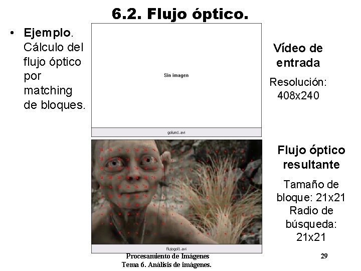 6. 2. Flujo óptico. • Ejemplo. Cálculo del flujo óptico por matching de bloques.