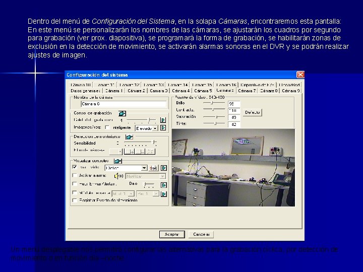Dentro del menú de Configuración del Sistema, en la solapa Cámaras, encontraremos esta pantalla: Dentro del menú de Configuración del Sistema, en la solapa Cámaras, encontraremos esta pantalla:
