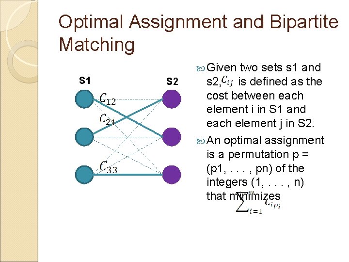 Optimal Assignment and Bipartite Matching Given two sets s 1 and S 1 S